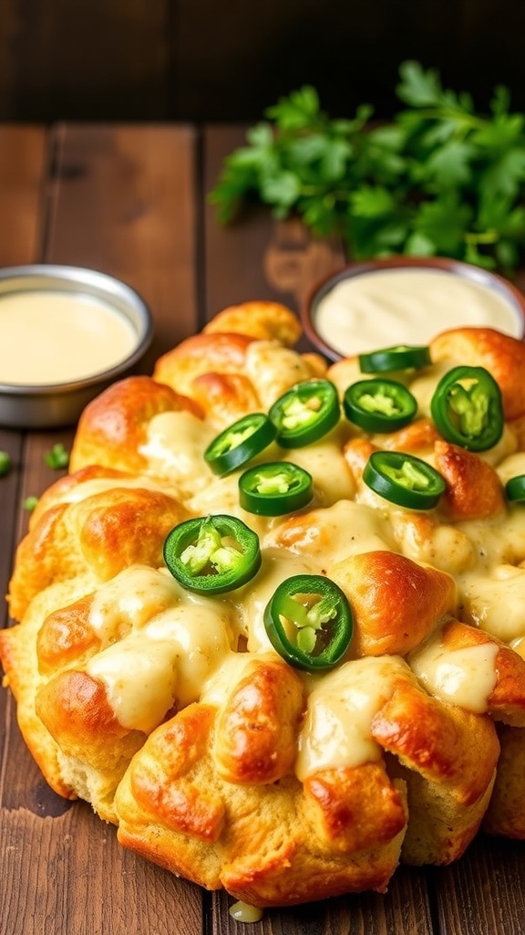 Jalapeño Popper Monkey Bread Recipe Cheesy jalapeño popper monkey bread on a wooden table with dipping sauce and herbs.